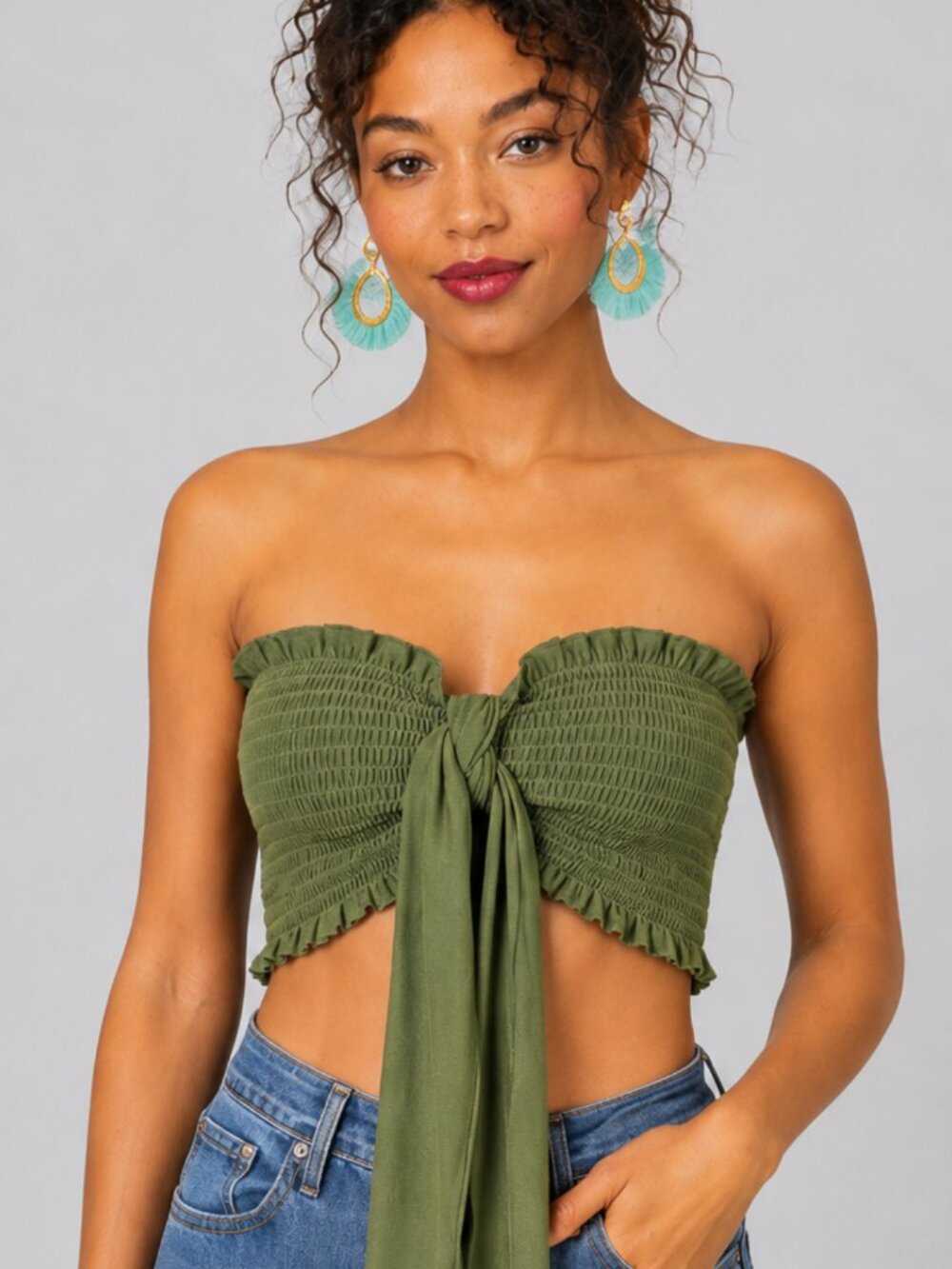 NWT Zenana Olive Smocked Tie-Front Bandeau Top